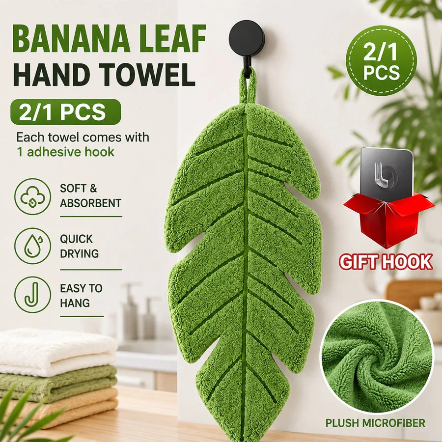 2/1Pcs Banana Leaf Hand Towel + Hook, Super Soft Coral Velvet Absorbent Quick Dry Hanging Towel for Kitchen Bathroom Plant Lover