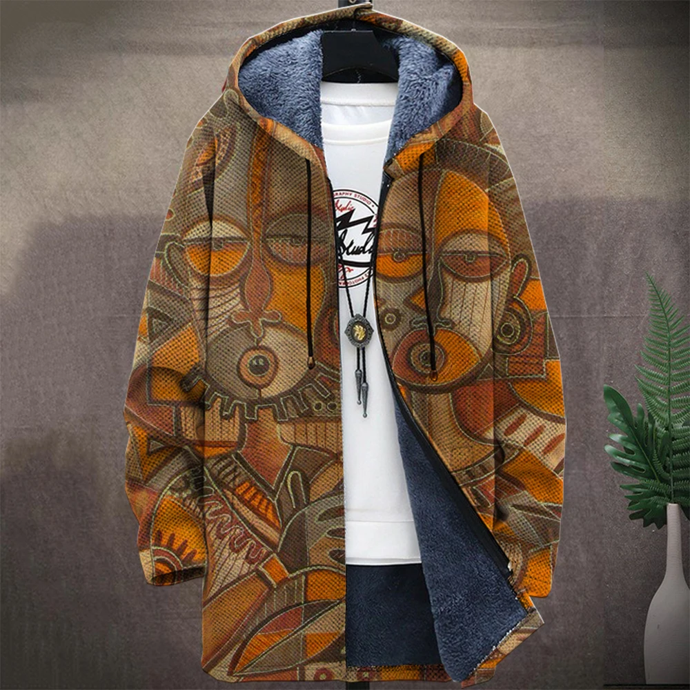 Men'S Abstract Block Graphic Winter Coat Print Native Retro Aztec Pattern Knitted Sweater Cardigan Zipper Hooded Thick Fleece