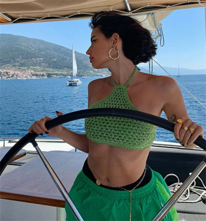 Été tricoté Bikini débardeur haut court Sexy évider licou à lacets maillots de bain haut gilet Crochet plage couvrir femmes solide maillot de bain