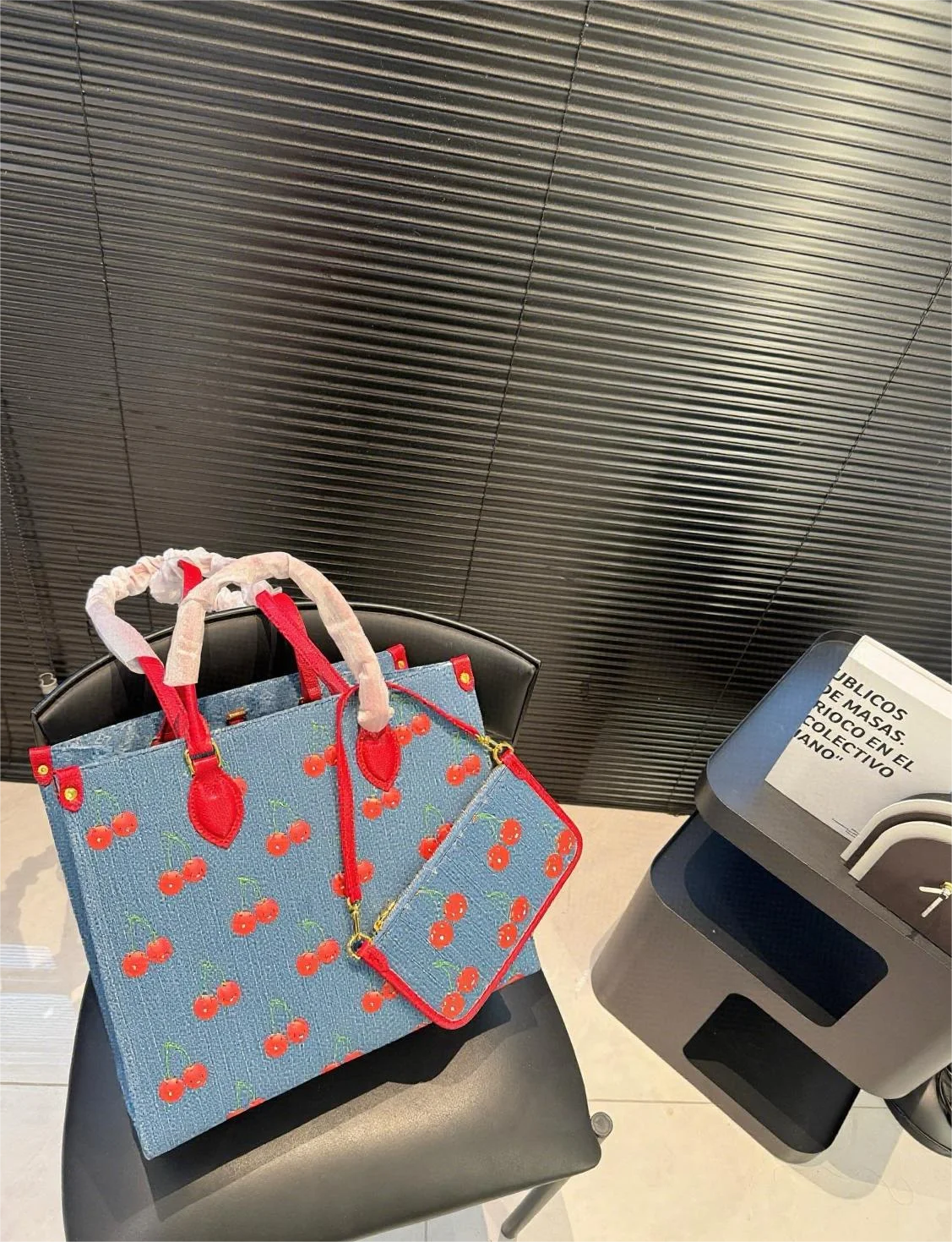 

Women's New Denim Cherry Print Tote Bag