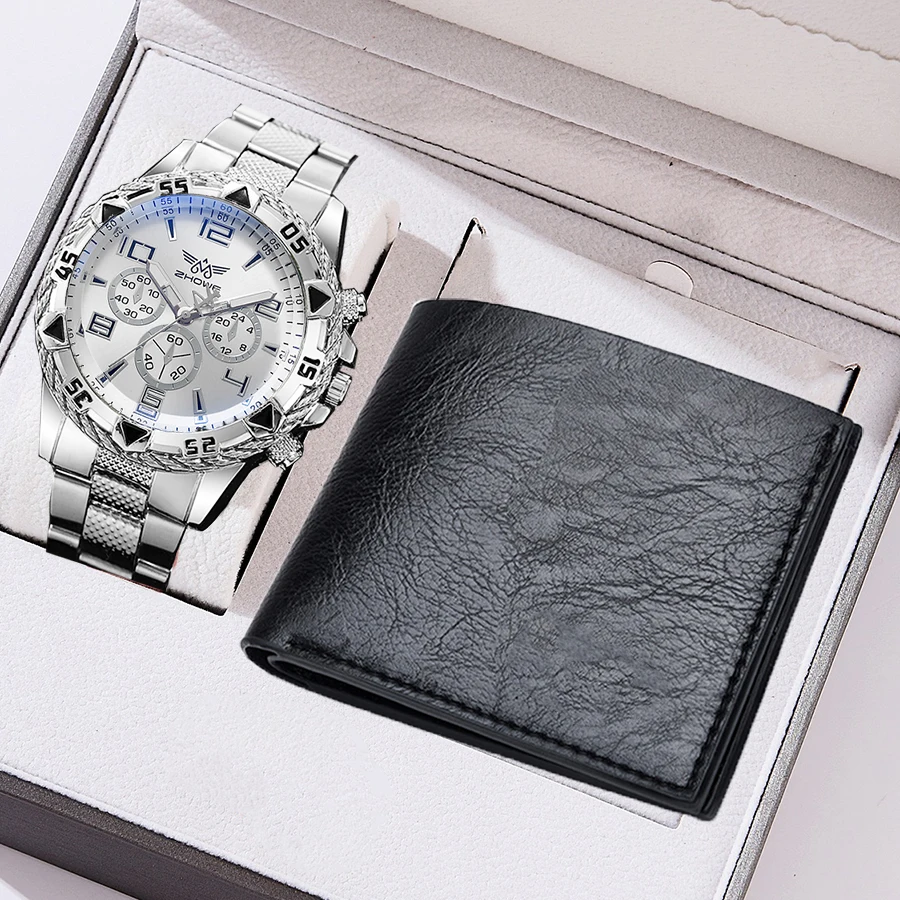 【Free Wallet】 2PCS Men Watch Sets Men's Causal Sport  Alloy Quartz Watch Gift Sets