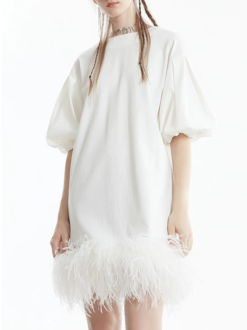 

White and Black Ostrich Feather Dress for Female, Lady Princess Style, Loose Puff Sleeve, Hem Feather Short Dresses, Summer