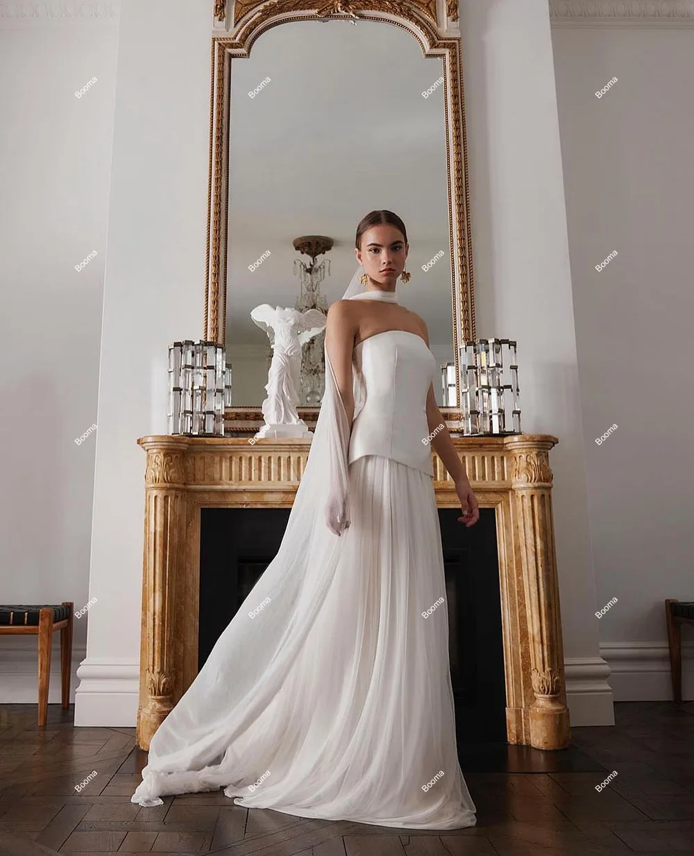 Booma A-Line Long Wedding Dresses Strapless Satin Chiffon Brides Party Gowns for Women Elegant Bridals Evening Dress Customized image 2