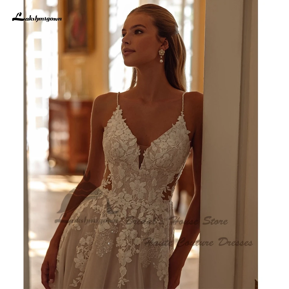 Lakshmigown Civil Lace Boho Hochzeitskleider Neu 2026 Abito Da Sposa Sexy Champagner Strand-Brautkleider V-Ausschnitt Spaghettiträger – Detail 4
