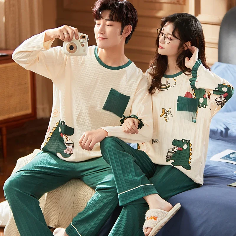 Koreański zestaw piżam męskich bawełniany zestaw piżam damskich jesienna bielizna nocna Casual Loungewear hombre Mujer odzież domowa piżama garnitur — zdjęcie 2