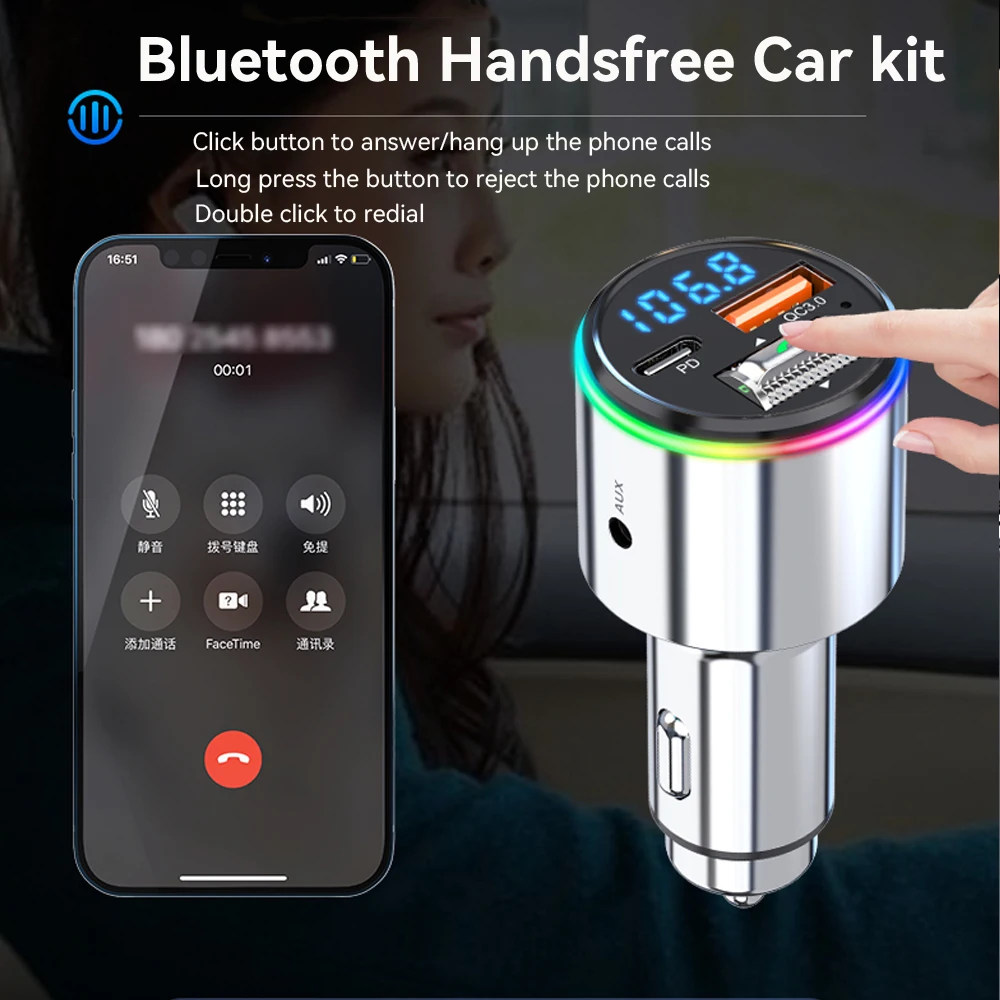 VR Robot PD30W Bluetooth 5.3 Car FM Transmitter Music MP3 Player Wireless Handsfree with 3.5mm Aux QC3.0 Fast Charging Adapter