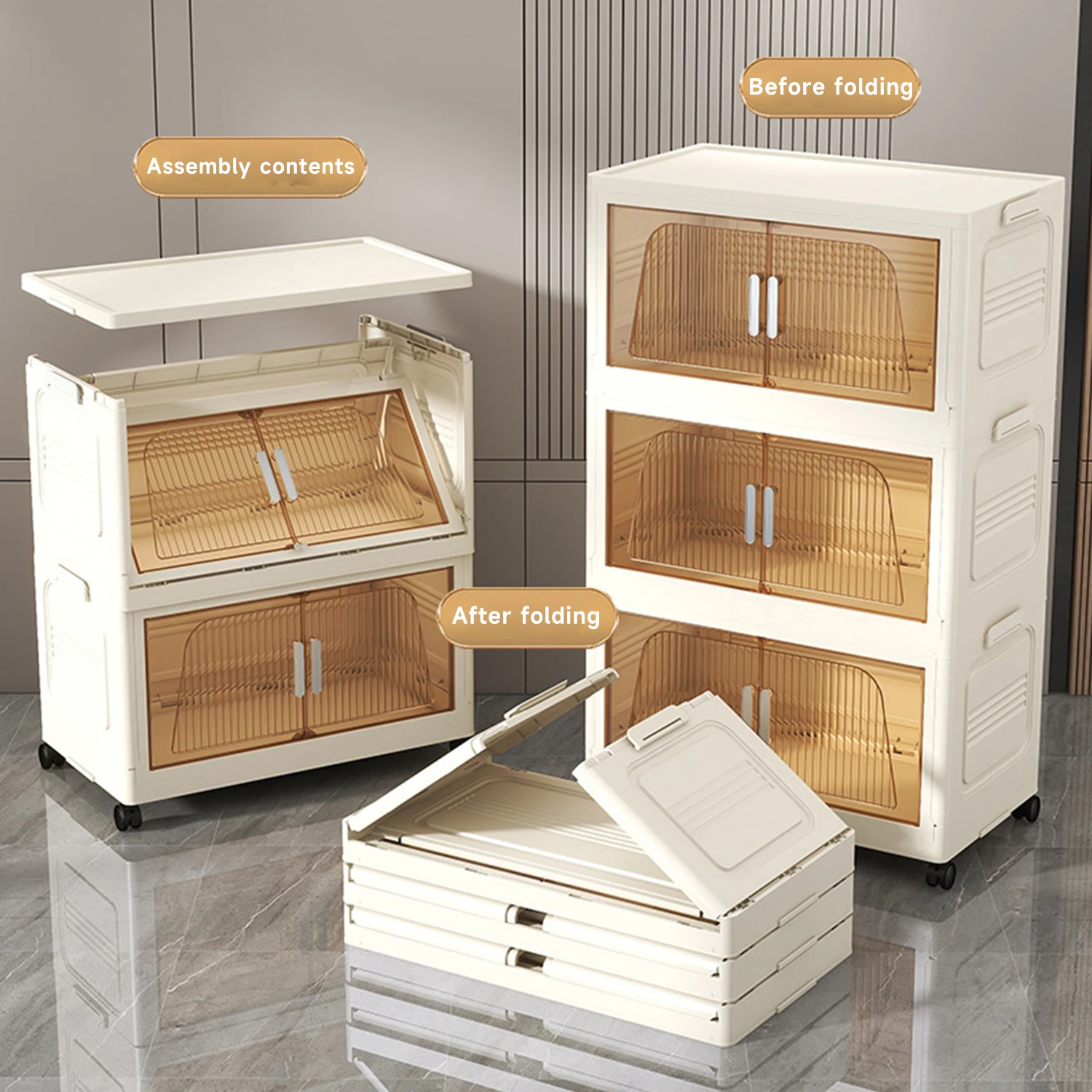 Armoire de rangement pliable à 3/4 niveaux avec roulettes et couvercles, ouverture double, organisateur en plastique empilable pour vêtements, livres et jouets