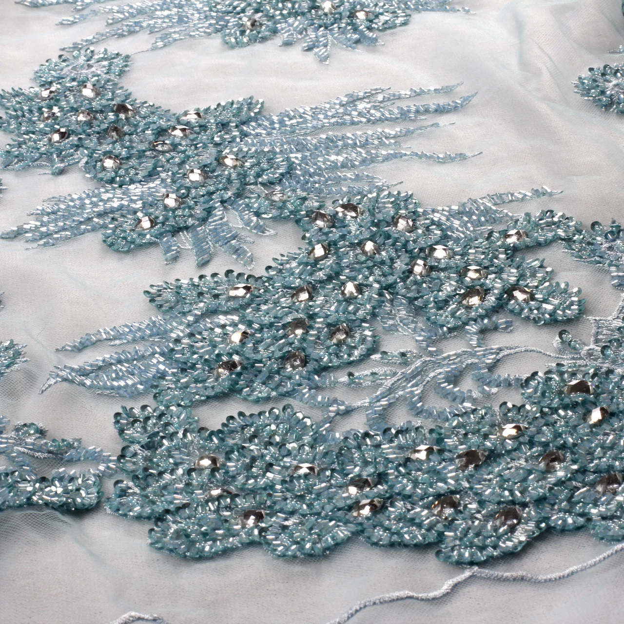 HelluyerDC Ivory hand-made lace blue lace fabric, super heavy beaded for wedding,evening,dance gown can be cut to many pieces