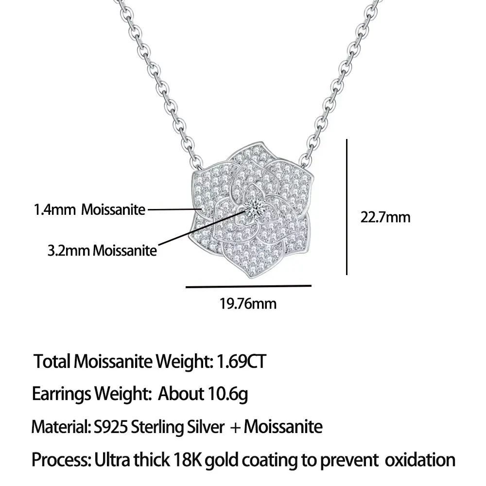 LinkerLove Moissanite Camellia Pendant Necklace for Women S925 Silver 3D Layered Floral Pendant Necklace Earrings Jewelry Set