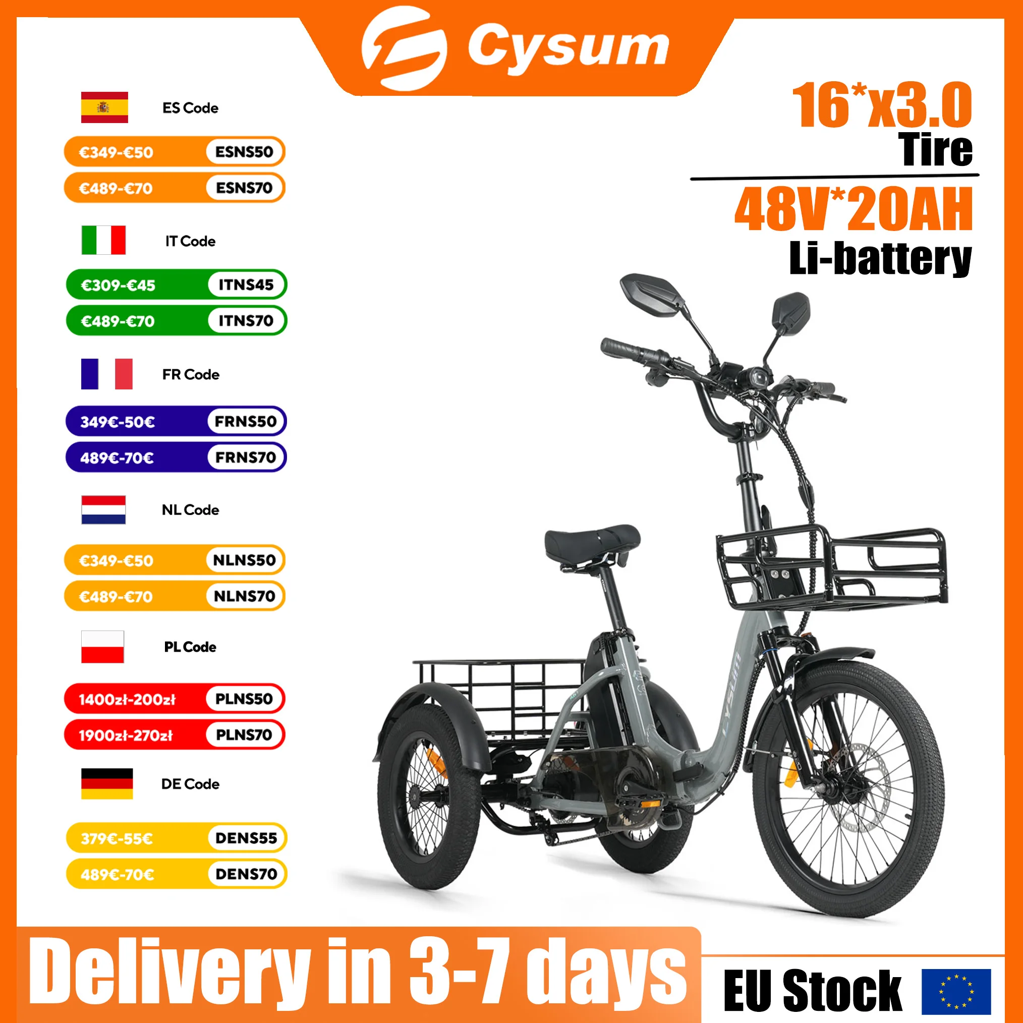 Tricycle électrique CYSUM AG1 Pro pour adultes, batterie lithium-ion amovible 48V 20Ah, vélo électrique à trois roues, vélo électrique pliable avec différentiel et marche arrière, tricycle électrique portable pour le shopping et la réception de colis