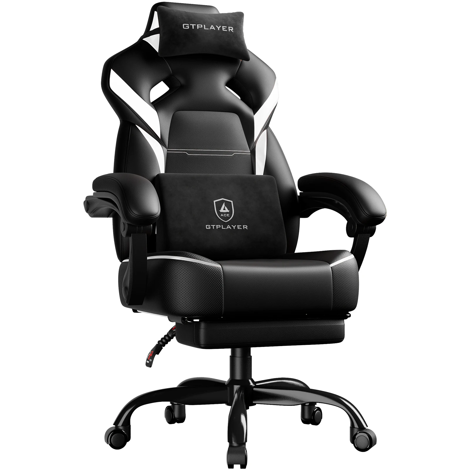 GTPLAYER Gaming Stuhl mit Fußstütze, Gamer Sessel höhenverstellbar, 200 kg Tragkraft, verstellbare Armlehnen, Lenden- und Kopfkissen, drehbarer Gamingstuhl