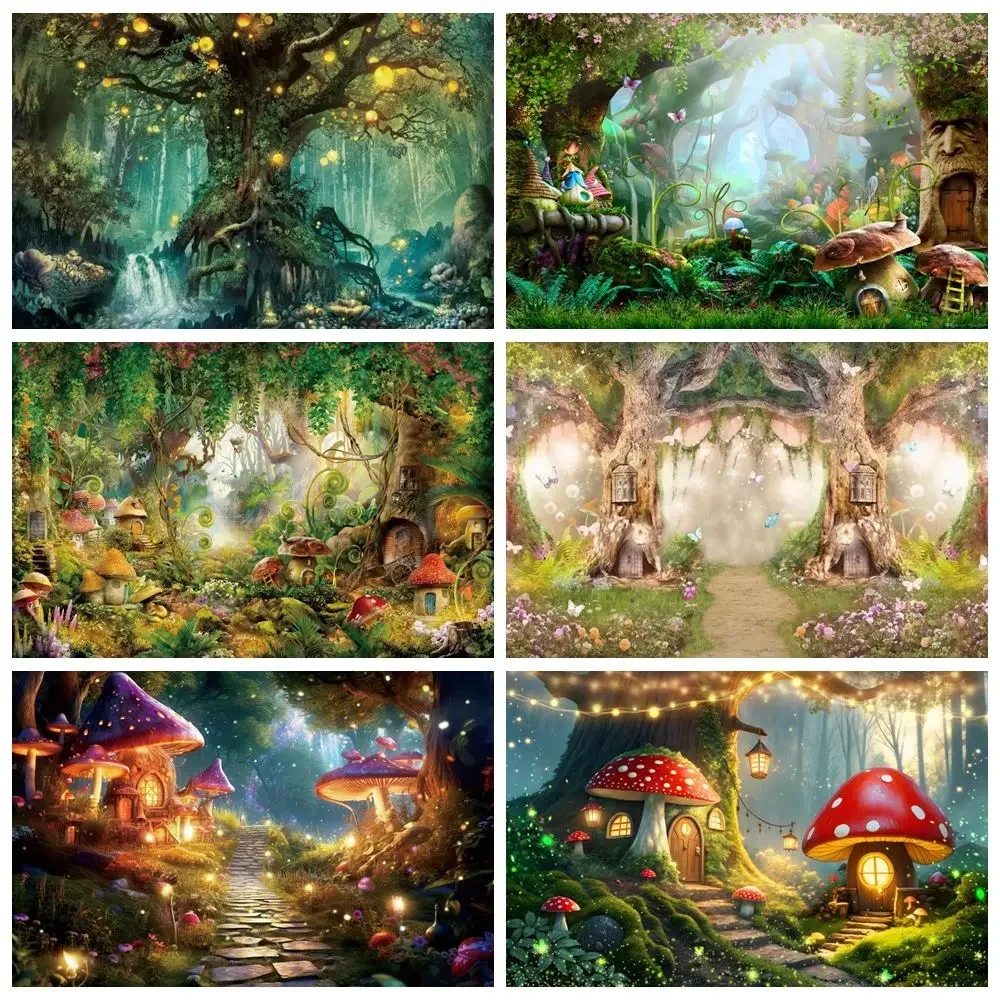 Rêveur naturel Jungle forêt pays des merveilles toile de fond conte de fées champignon bébé fête d'anniversaire photographie fond pour Studio Photo