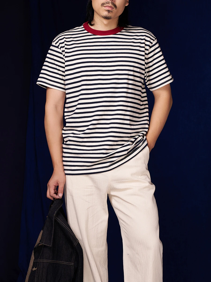 

Men's Vintage Striped TShirt Retro American Casual Crewneck Tee with Contrast Collar black and white stripes Cotton Short Sleeve