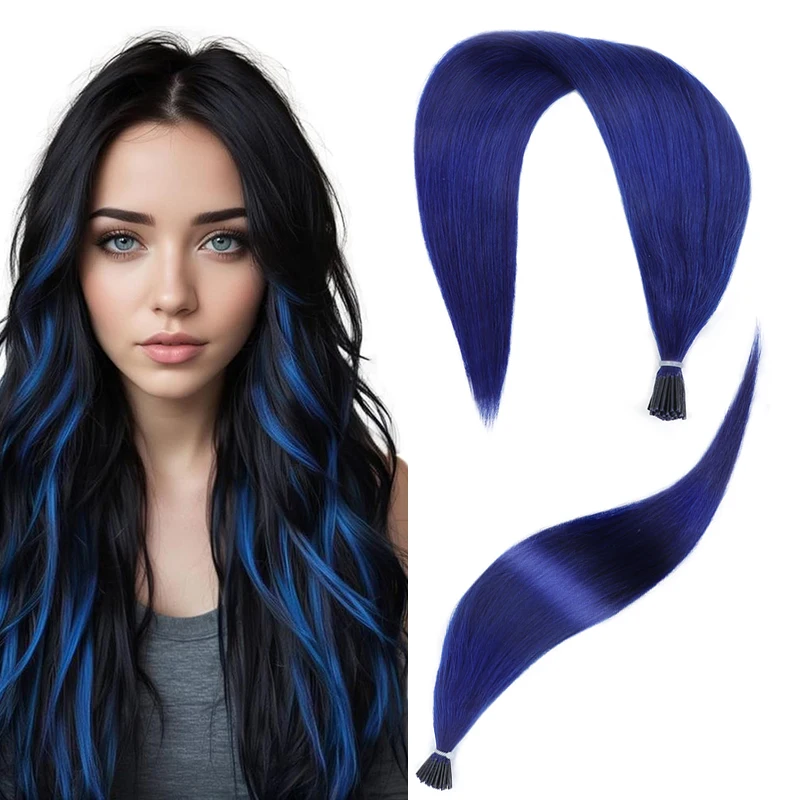 I Tip Straight Human Hair Extension Blue Color Keratin Hair Hot Pre-bonded Micro Beads Hair For Women 12-20inch 50pcs/pack