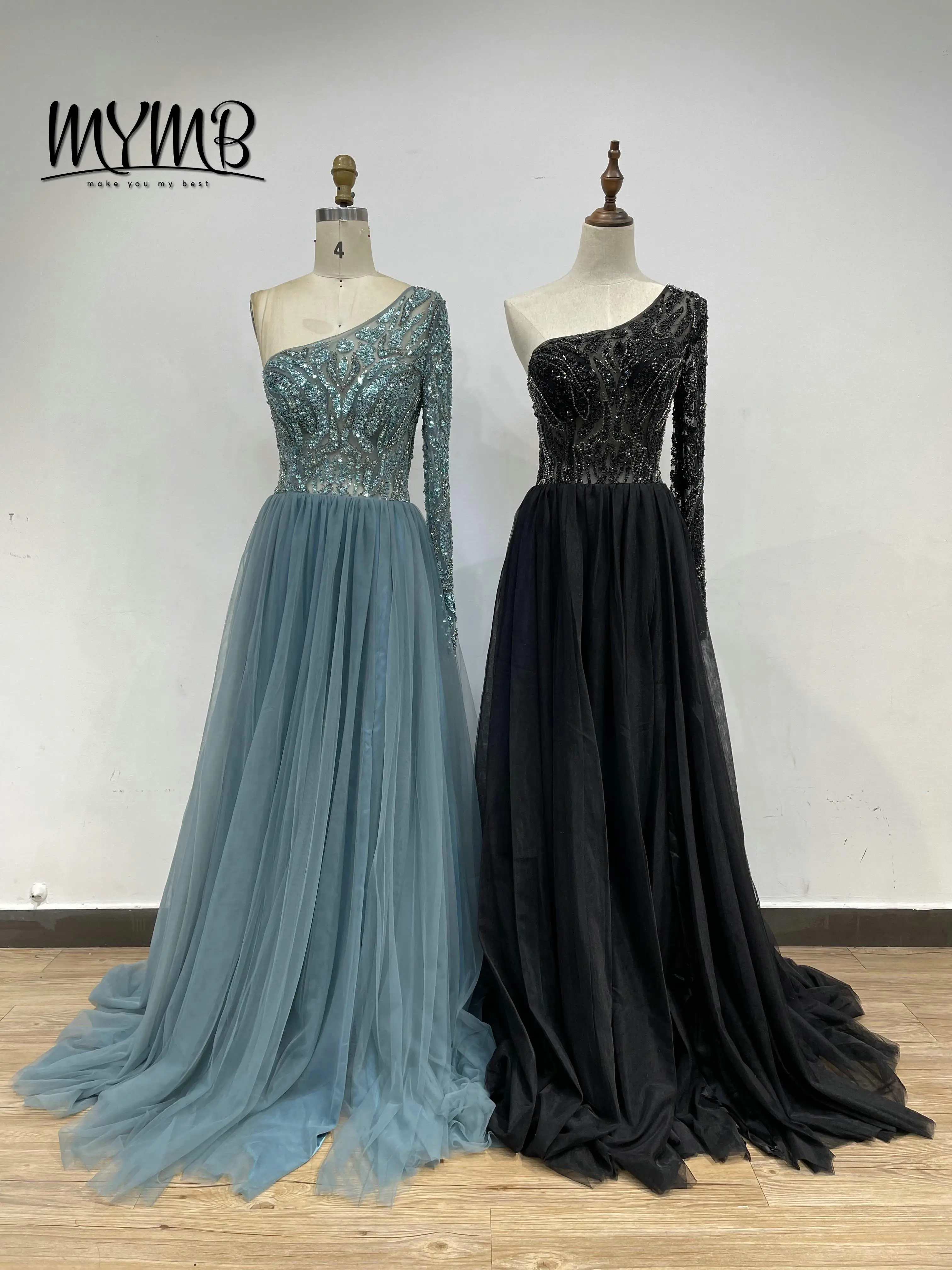 

MYMB Floor Length Bridesmaid Party Clothing Luxury Handmade Beaded One Shoulder Long Graduation Evening Dress Plus Size AM20202C