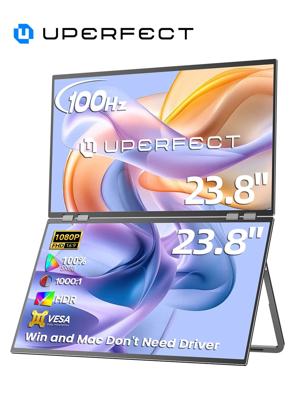 UPERFECT Delta Mega 23.8" 100Hz Dual Screen Stacked Computer Monitor With Speakers For Laptop Desktop PC MAC Phone Extended Play
