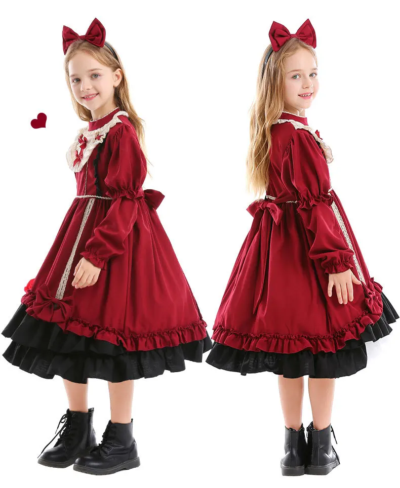 Girls Red Lolita Princess Dress Kawaii Long Sleeve Ball Gown Dress with Cute Headgear Kids Girls Birthday Party Outfits Vestidos