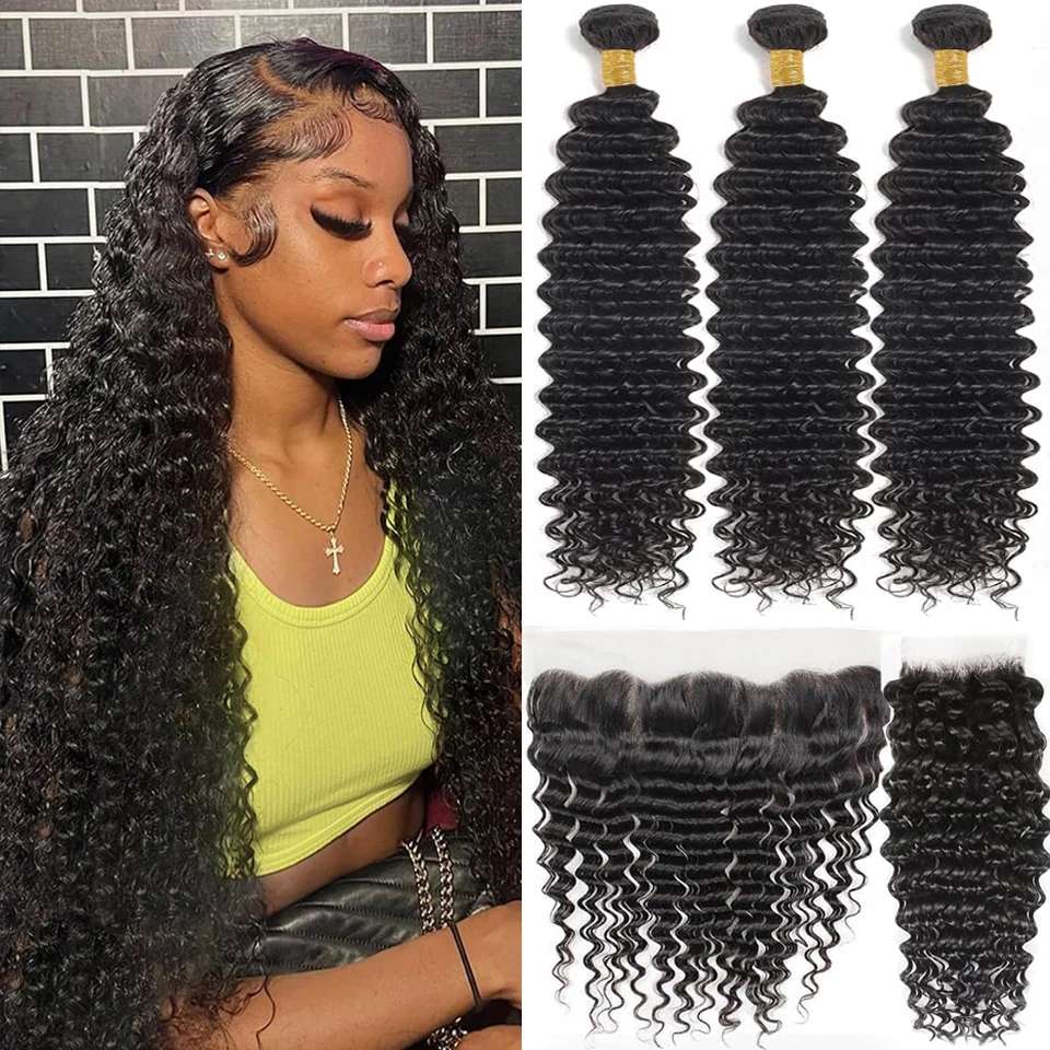 Deep Wave Brazilian Human Hair Bundles With 4x4 Closure Human Hair Extensions Weave 3 Bundles With 13x4 Frontal for Women