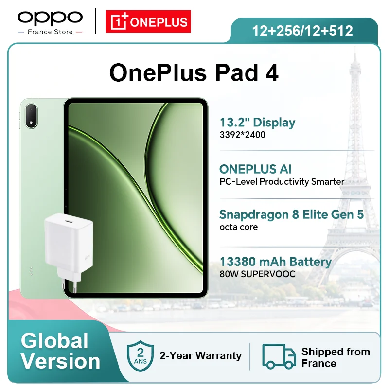 Version internationale de la tablette OnePlus Pad 4 (mini-PC) avec processeur Snapdragon 8 Elite Gen 5, batterie de 13 380 mAh et écran True Color 3,4K. Livrée avec un chargeur d'origine OnePlus de 80 W.