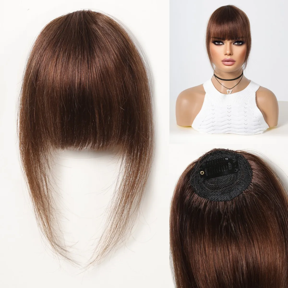 Brown Human Hair Bangs OverHead Clip in Hair Extensions Blunt Cut Natural Hair Bangs Fringe Hairpieces for Women in Air Bangs