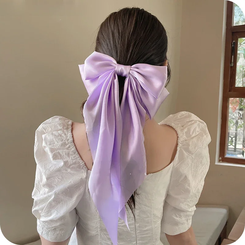 Moda lato Oversize Barrette Bow klip dla kobiety dziewczyny szyfonowa szpilka długa satynowa wstążka fioletowa duża kokarda akcesoria do włosów — zdjęcie 2