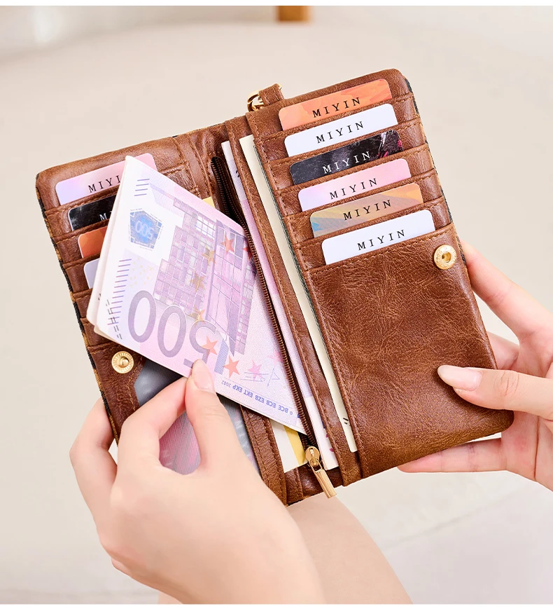 Vintage Damen-Geldbörse mit Leopardenmuster, Doppelreißverschluss, PU-Leder, lange Geldbörse, multifunktionale Kreditkarten-Clutch mit Handgelenkschlaufe – Detail 14