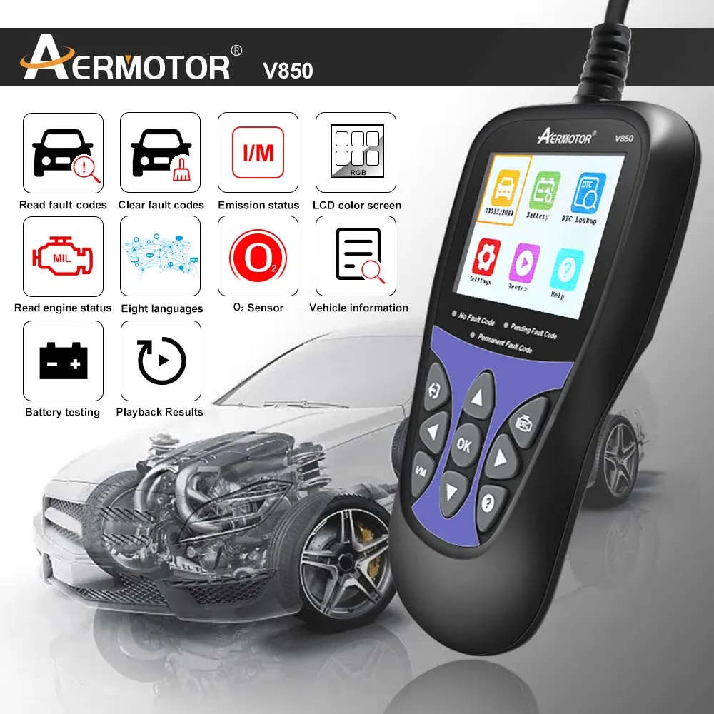 AERMOTOR V850 Car Diagnostic Scanner LED Display OBD2 Scanner Battery Tester Engine Check Code Reader Multi-functional PK KW850