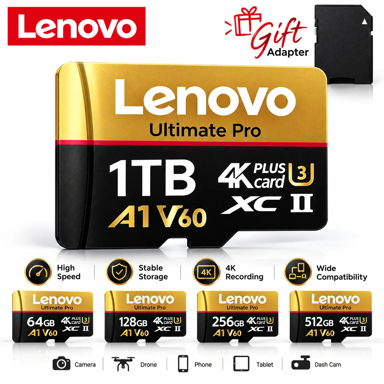 Lenovo 1TB High Speed Memory Card V60 U3 Flash Cards Micro SD Card For GoPro Action Camera Drone 4K Full HD Performance SD Card