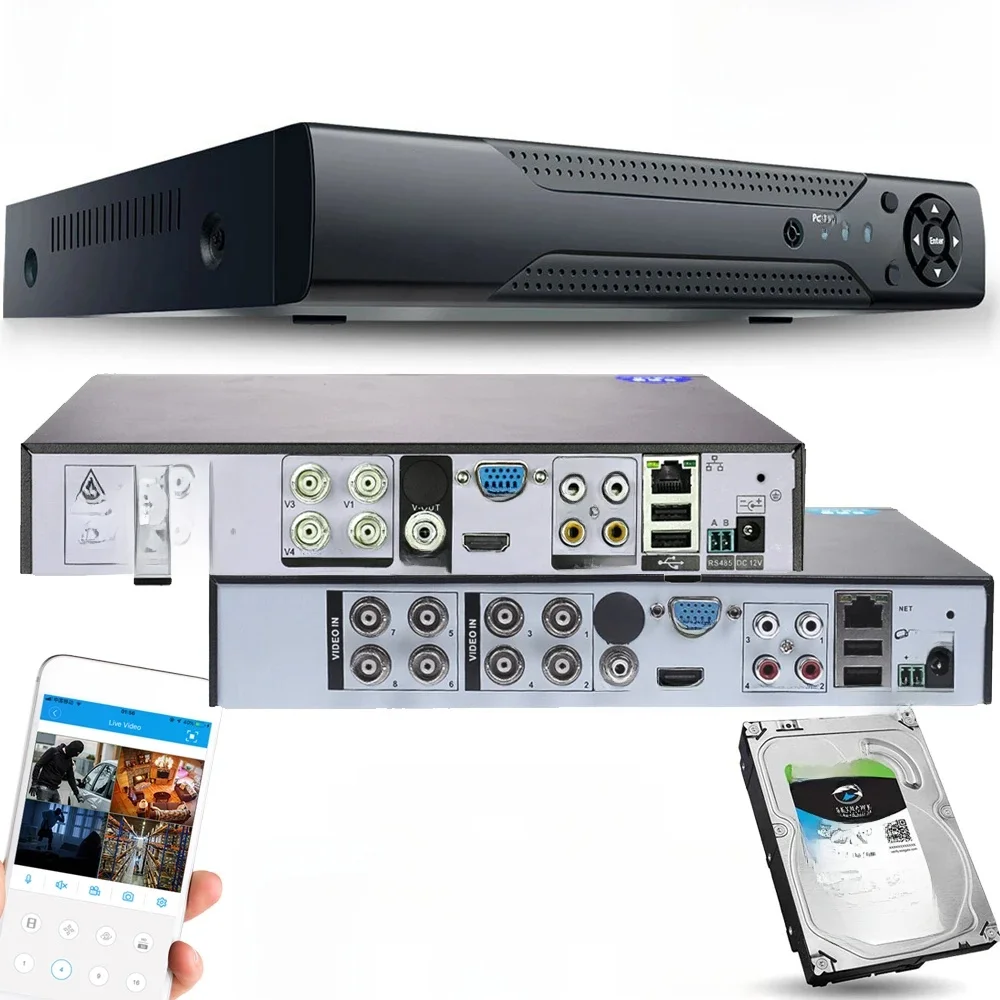 4ch 8ch DVR de surveillance vidéo Onvif H.264 AHD / TVI / CVI / CVBS / IPC 5-en-1 Hybride l'audio Magnétoscope Vidéosurveillance Magnétophone NVR pour la caméra IP 1080p