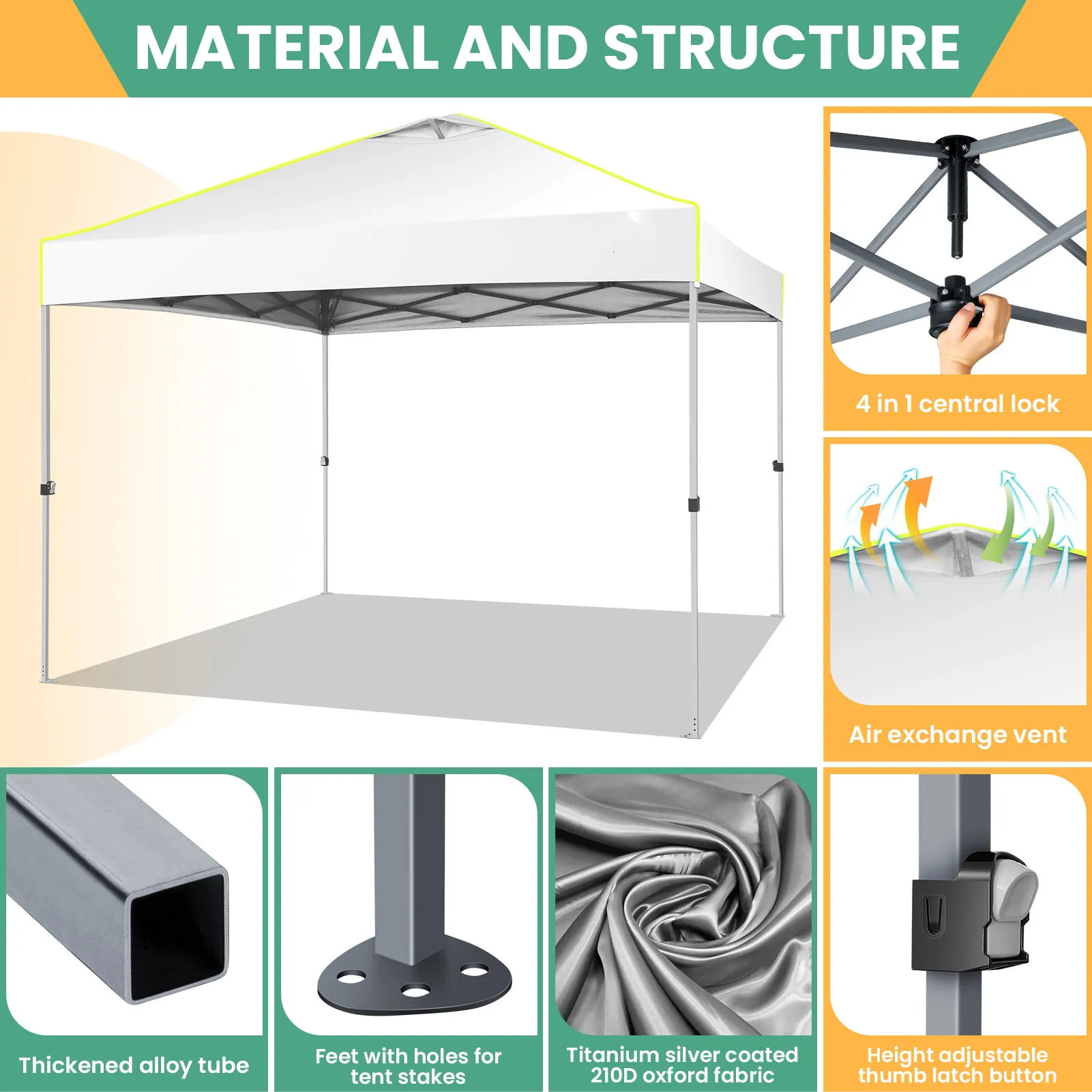 خيمة بمظلة منبثقة مقاس 10 × 10 مع جدران جانبية، إعداد لشخص واحد مقاوم للماء، 3 ارتفاع قابل للتعديل، شرفة تجارية خارجية مع فتحة تهوية #4