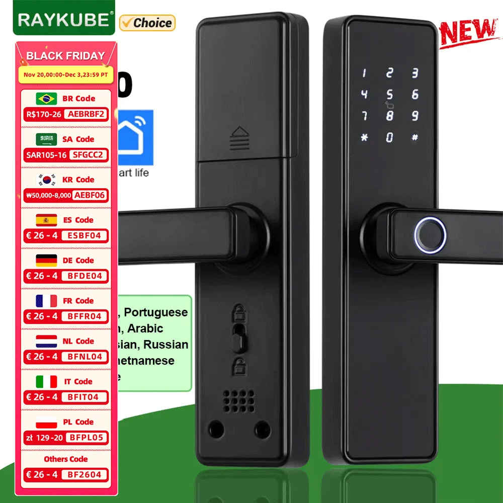 RAYKUBE K20 Tuya Bluetooth 9-language Fingerprint Door Lock Electronic Door Lock with Tuya /IC Card/Password/ Key Unlock