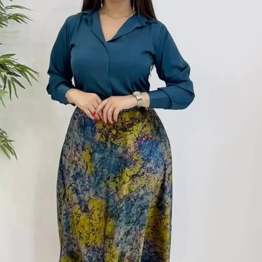 Dwuczęściowe zestawy muzułmańskie kobiety sukienka z nadrukiem koszula garnitury Jalabiya turcja arabskie sukienki maroko dubaj Abayas Kaftan Islam Vestidos — zdjęcie 2