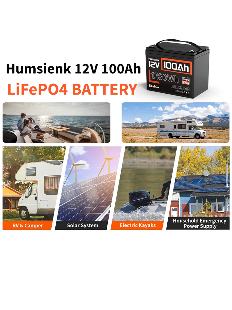 Humsienk 12V 100Ah LiFePO4 Lithium-Batterie, Gruppe 24 Deep Cycle mit Smart 100A BMS & Niedertemperatur-Schutz, 15000 Zyklen 10 Jahre Lebensdauer, leichter Ersatz für Wohnmobile, Solar, Marine,