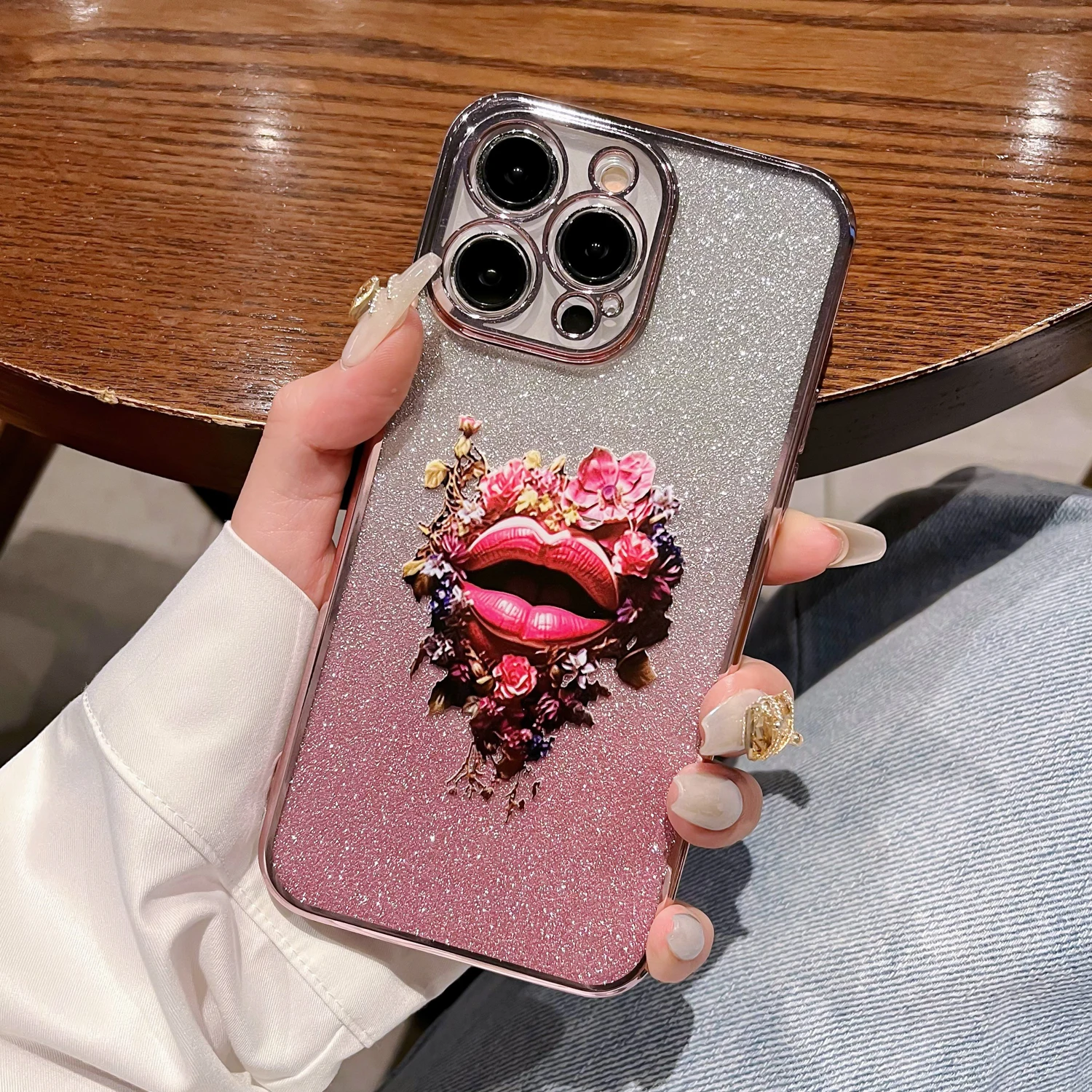 Trendy Flower Red Lips Shiny Phone Case For iPhone 15 14 13 12 11 Plus Mini Pro Max X XS XR 7 8 Cover