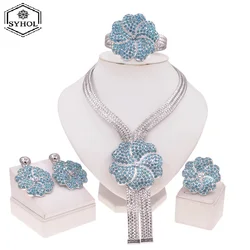 SYHOL Women Jewelry Set 24K Gold Plated Original Brass Necklace with Rhinestone Pendant Earrings Luxury Wedding Silver Jewelry