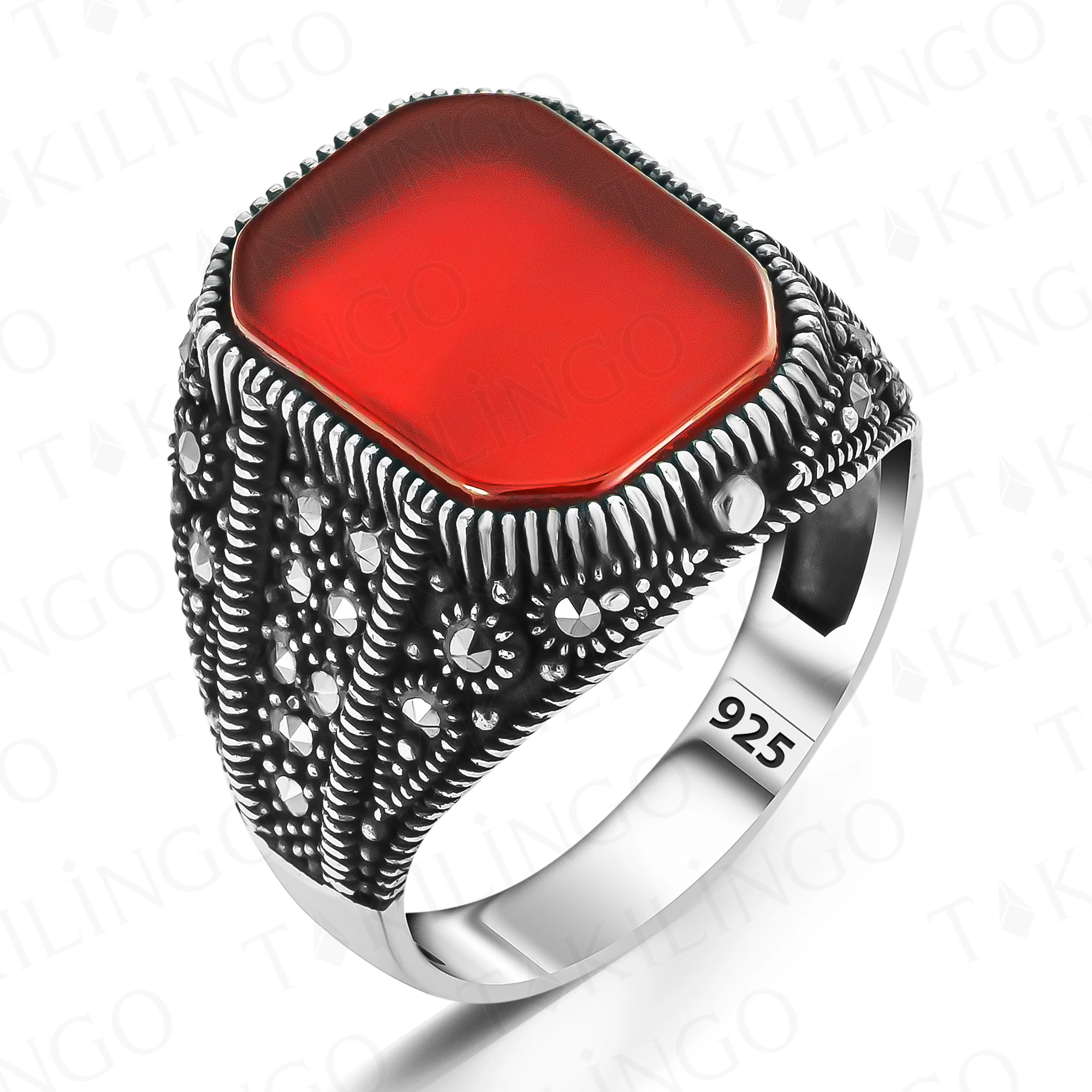 Elegant Solid 925 Sterling Silver Side Marcasite On Red Agate (Aqeeq) Men's Ring Turkish Handmade Silver Jewelry Gift For Men