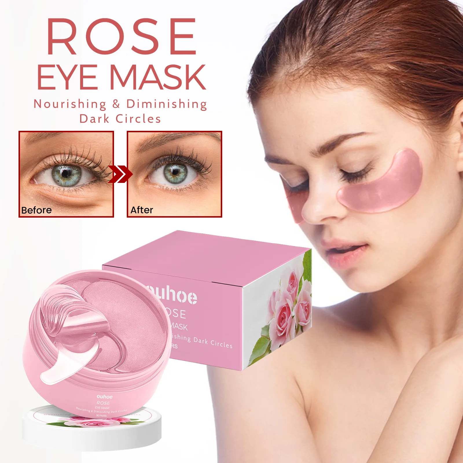 Ouhoe 60 uds máscara de ojos reafirmante de rosas bolsas antiojeras elimina la hinchazón hidrata iluminar líneas finas suaves máscara de ojos de elevación