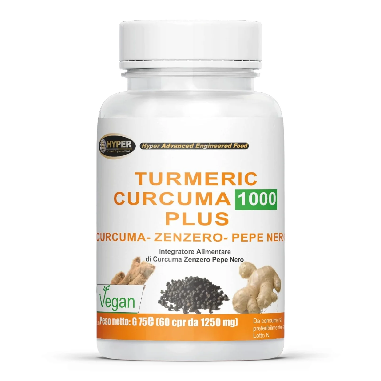 Suplemento Hyper Turmeric Curcuma Plus 1000 con Cúrcuma, Jengibre y Pimienta Negra |   Antioxidante y antiinflamatorio natural que apoya las articulaciones, la digestión y las defensas inmunitarias |   con Piperina, Curcumina. 60 Tabletas Producidas en Italia.
