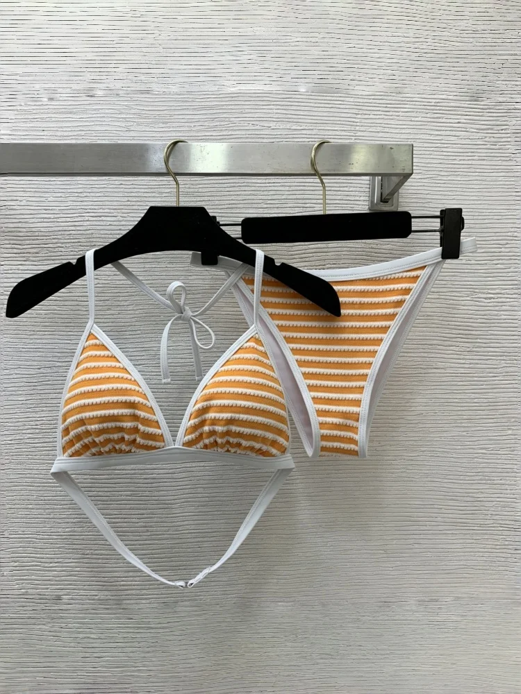 Summer Women's Split Swimsuit Letter Sticker Contrasting Striped Bikini Halter Swimsuit