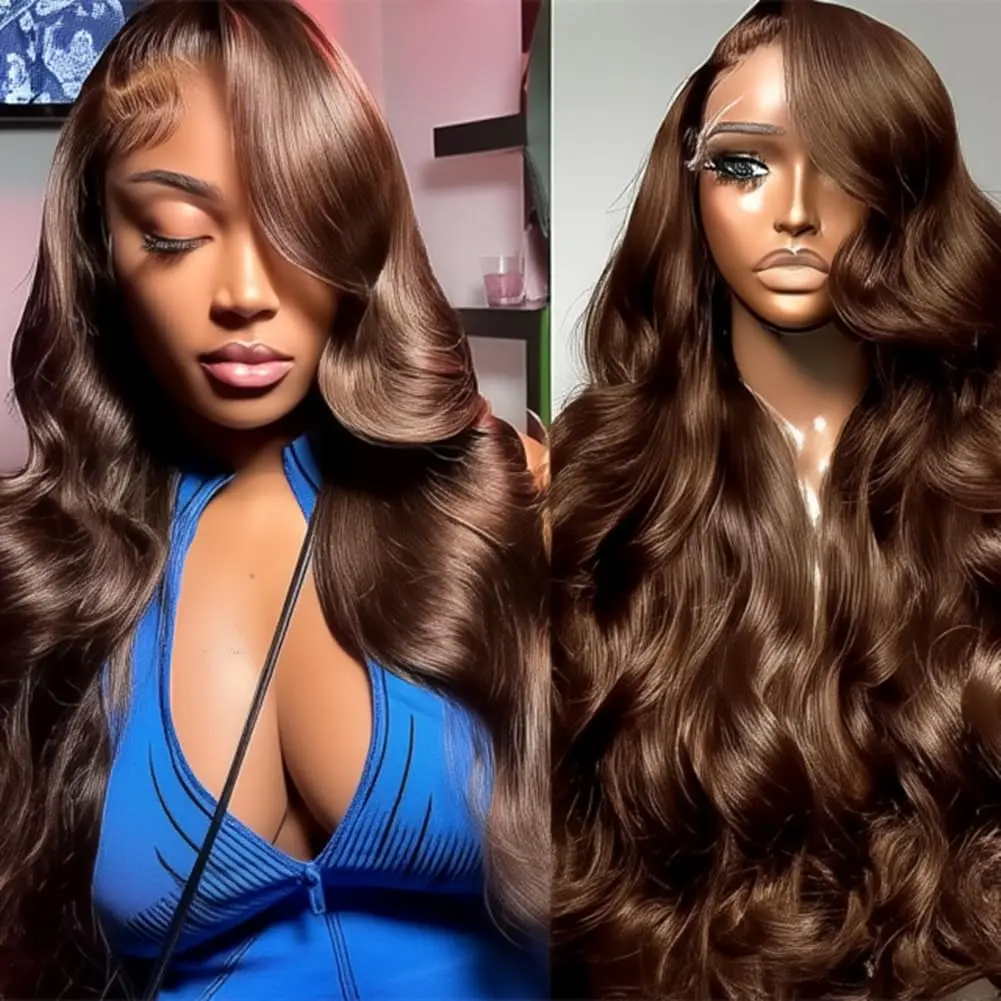

40 Inch Chocolate Brown Human Hair Wigs Body Wave 13x6 HD Lace Front Wig Preplucked Water Wave #4 Colored Lace Wigs For Women