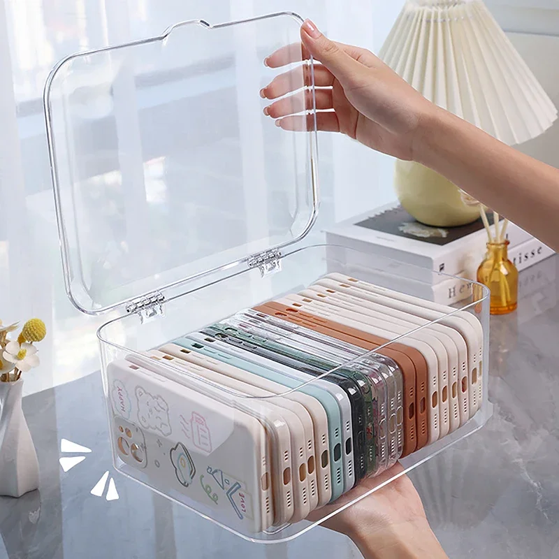 Panier de rangement en acrylique pour articles divers, support pour coque de téléphone, boîte de rangement transparente avec couvercle pour bureau et maison