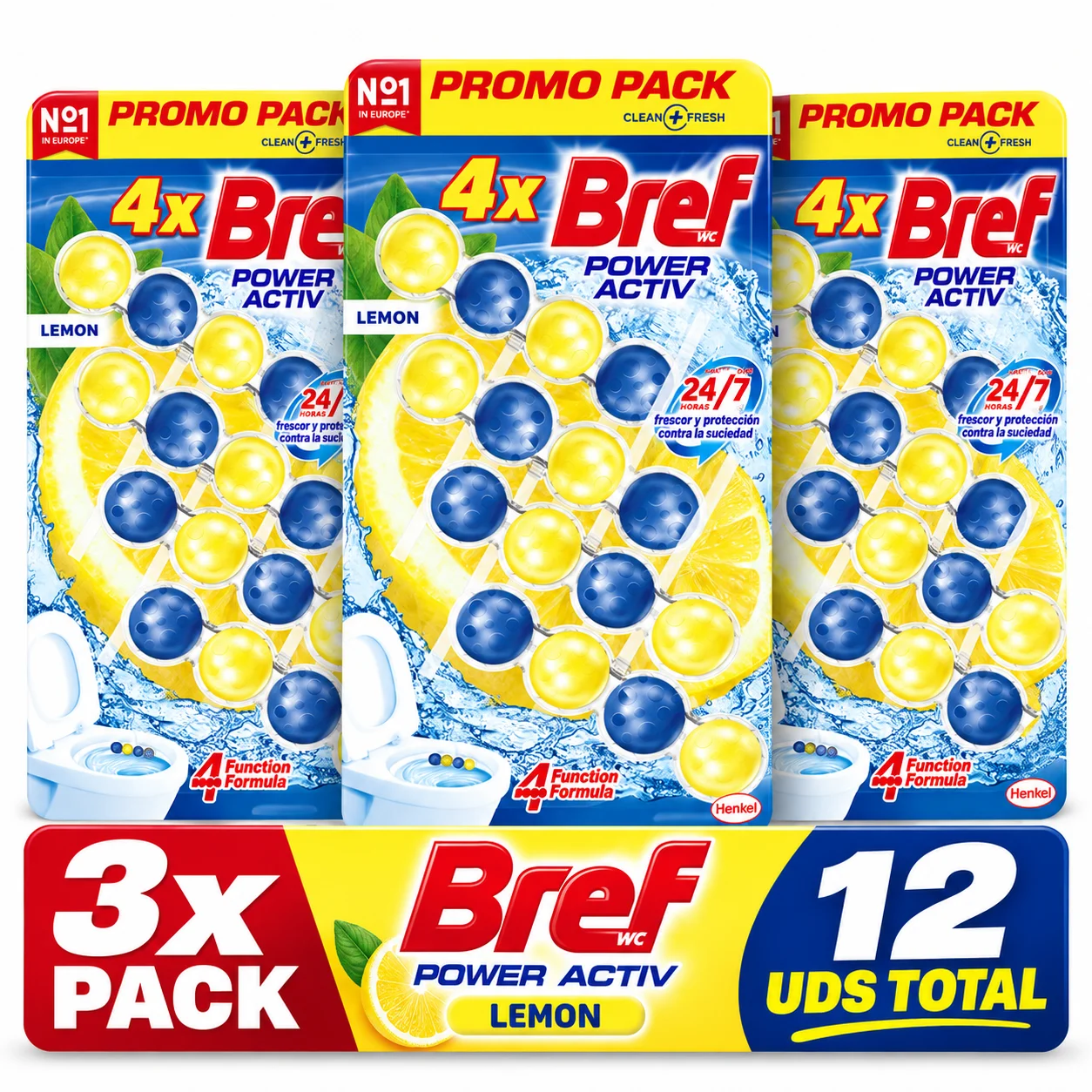 Bref Power Activ Citron / Pin-Lavande / Fleur (12 unités), Nettoyant pour salle de bain avec formule 4-en-1, panier hygiénique et protecteur pour toilettes, parfum citron, nettoyant anti-calcaire pour salle de bain, protection 24 heures
