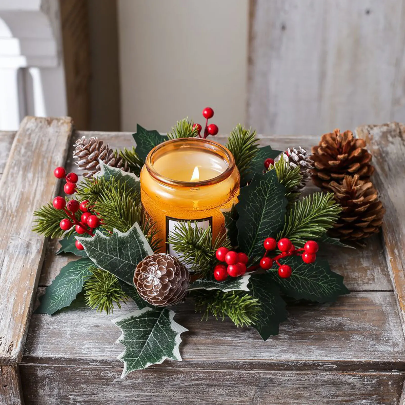 Christmas Candle Ring Wreath Pine Needle Garland Candlestick Holder Xmas Wreath Ornament for Festival Home Dining Table Decor