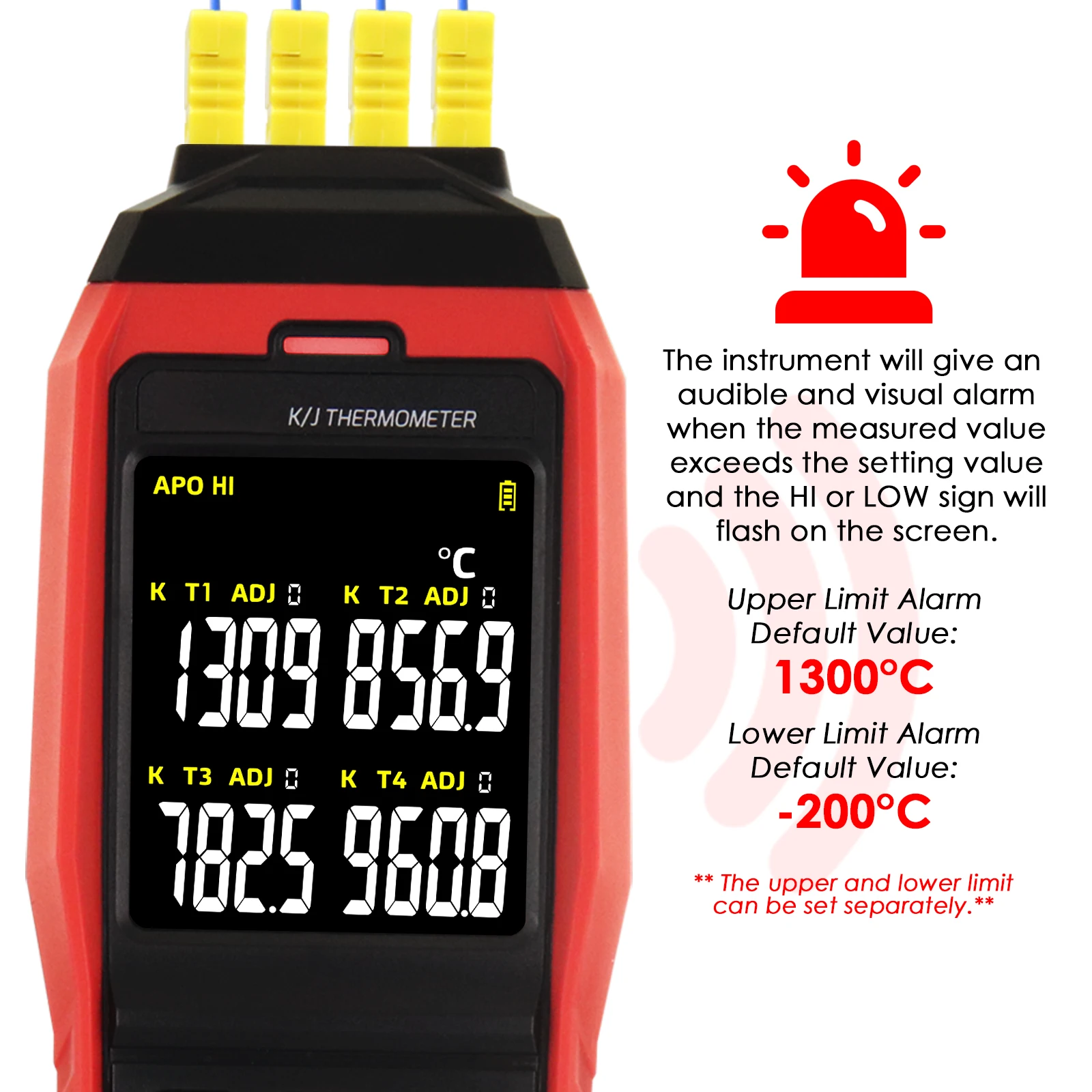 4-Channel Display K/J Datalogger Thermocouple Thermometer Real-Time Data Logging, Audible and Visible Alarm & ADJ Compensation