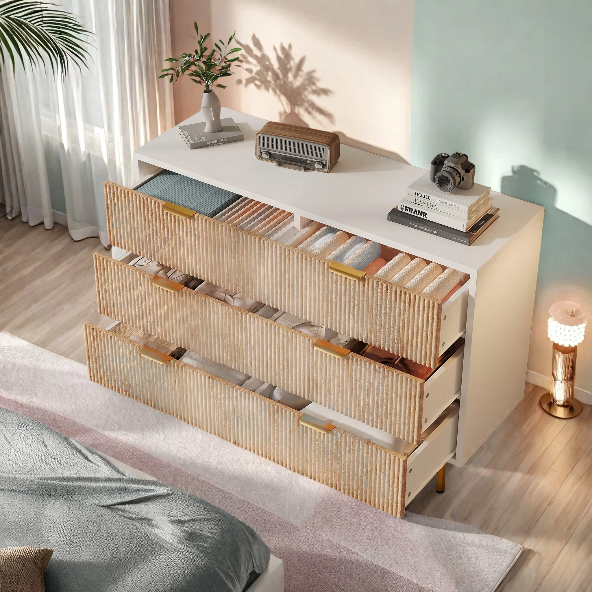 Anajqaqia, commode à 6 tiroirs, unité de rangement 100×34×73 cm, armoire de rangement grande capacité, commode de chambre à coucher, armoire basse de chambre à coucher, unité de rangement polyvalente pour couloirs et salons, meuble TV, bois naturel et blanc