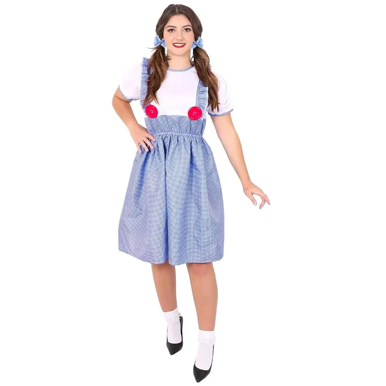 Ladies Kansas Girl Fancy Dress Costume - Blue Gingham Dress, Matching Hair Ties - Adults World Book Day Book Week Fancy Dress