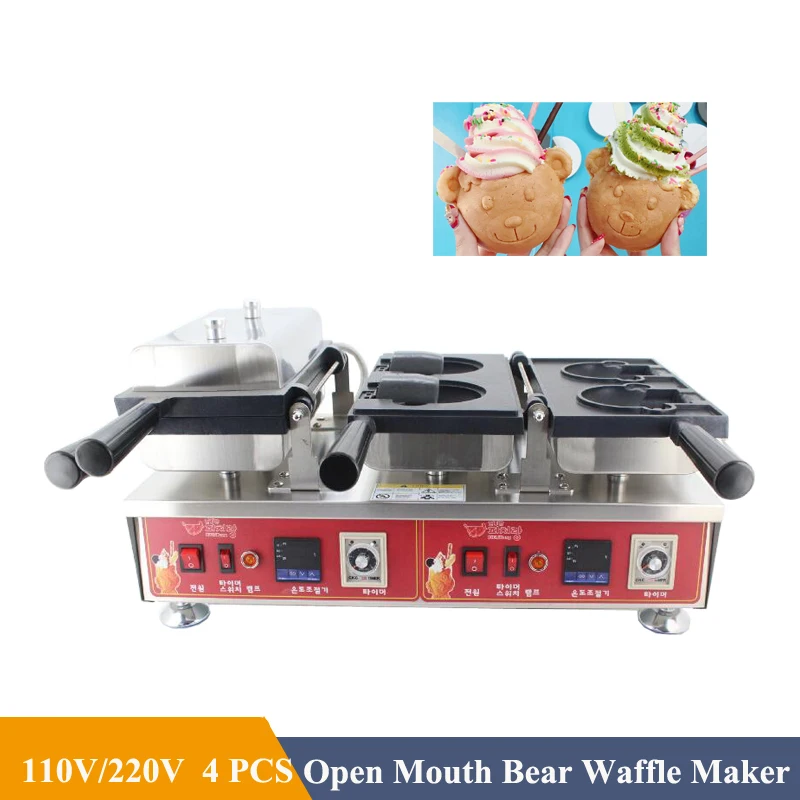 

4PCS Bear Head Waffle Machine Open Mouth Bear Type Taiyaki Waffle Maker Bear Taiyaki Ice Cream 3200W