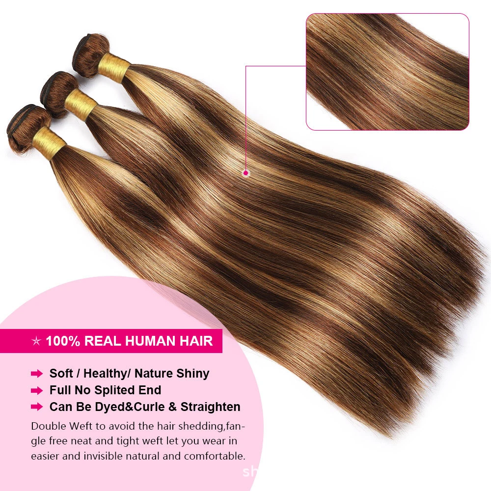 Extensiones de cabello humano Remy brasileño, mechones de pelo liso rubio miel, doble trama, resaltado, P4/27, 3 mechones