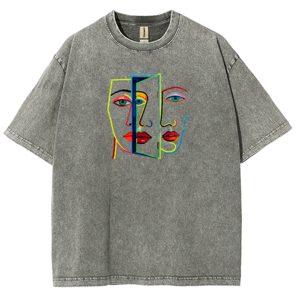 

Футболка большого размера из 100% хлопка с абстрактным рисунком лица в стиле ретро, с креативными геометрическими элементами и привлекательным стилем, идеально подходящая