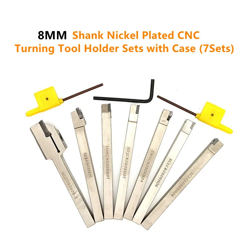 CORIT 7Sets of 8MM Shank Nickel Plated CNC Lathe Turning Tool Holder with Carbide Inserts and Wrenches in Case Set Turning Tool